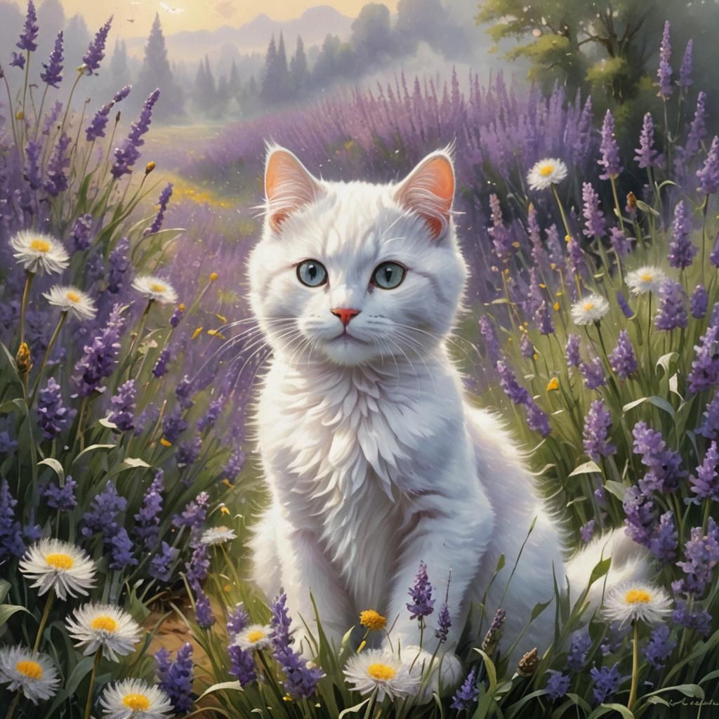 White Cat's Dandelion Dream in Ethereal Fantasy Style