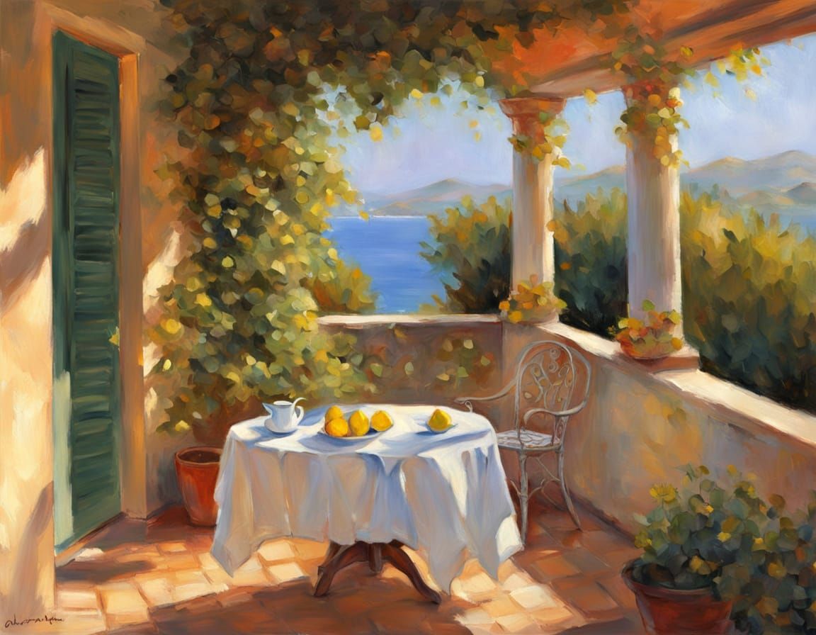 Mediterranean Veranda Overlooking Sea in Oil Painting Style