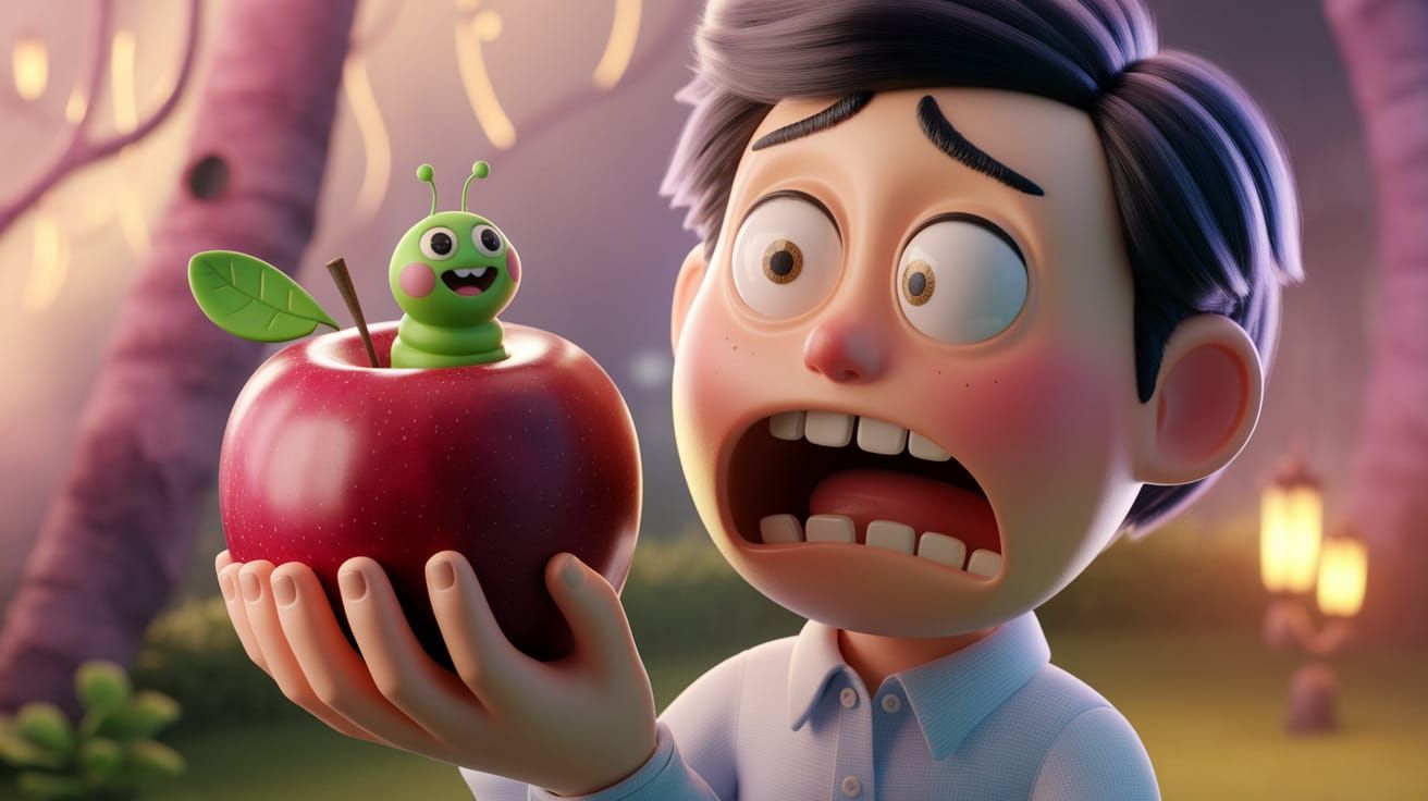 Horrified Cartoon Character with Happy Caterpillar: 3D Rende...