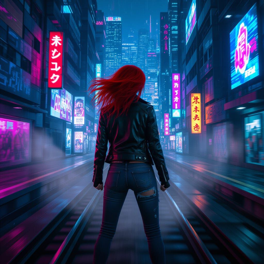 Cyberpunk Woman with Red Hair on Speeding Train