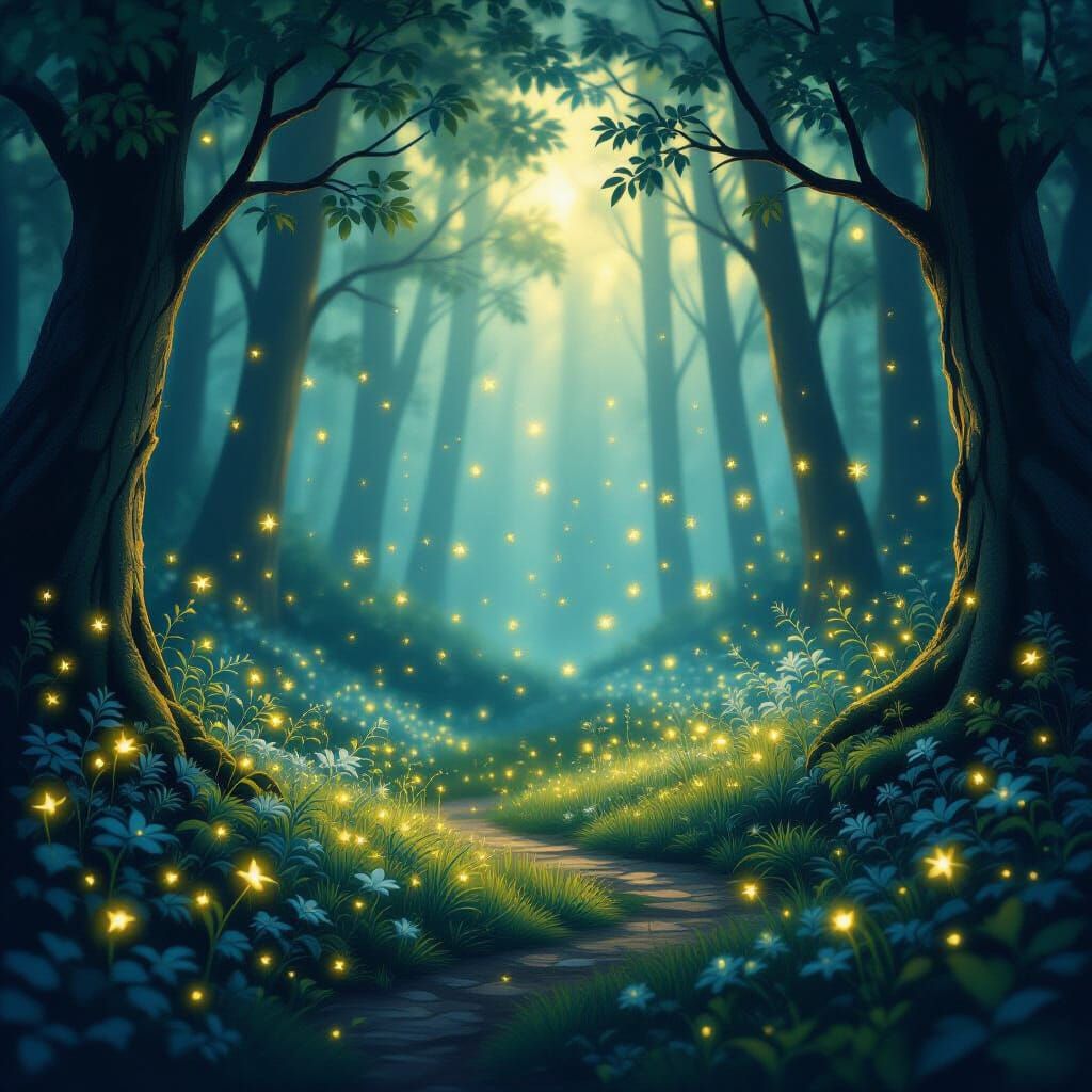 Enchanted Forest Love Scene with Glowing Fireflies