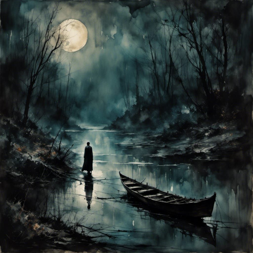 Mysterious Cloaked Figure on River Path