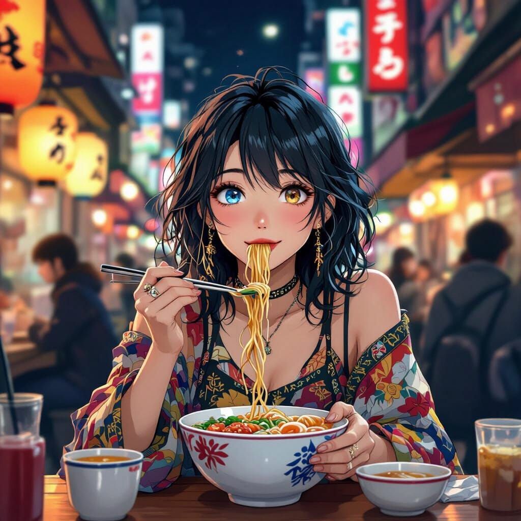 Woman Enjoys Ramen in Vibrant Anime Style