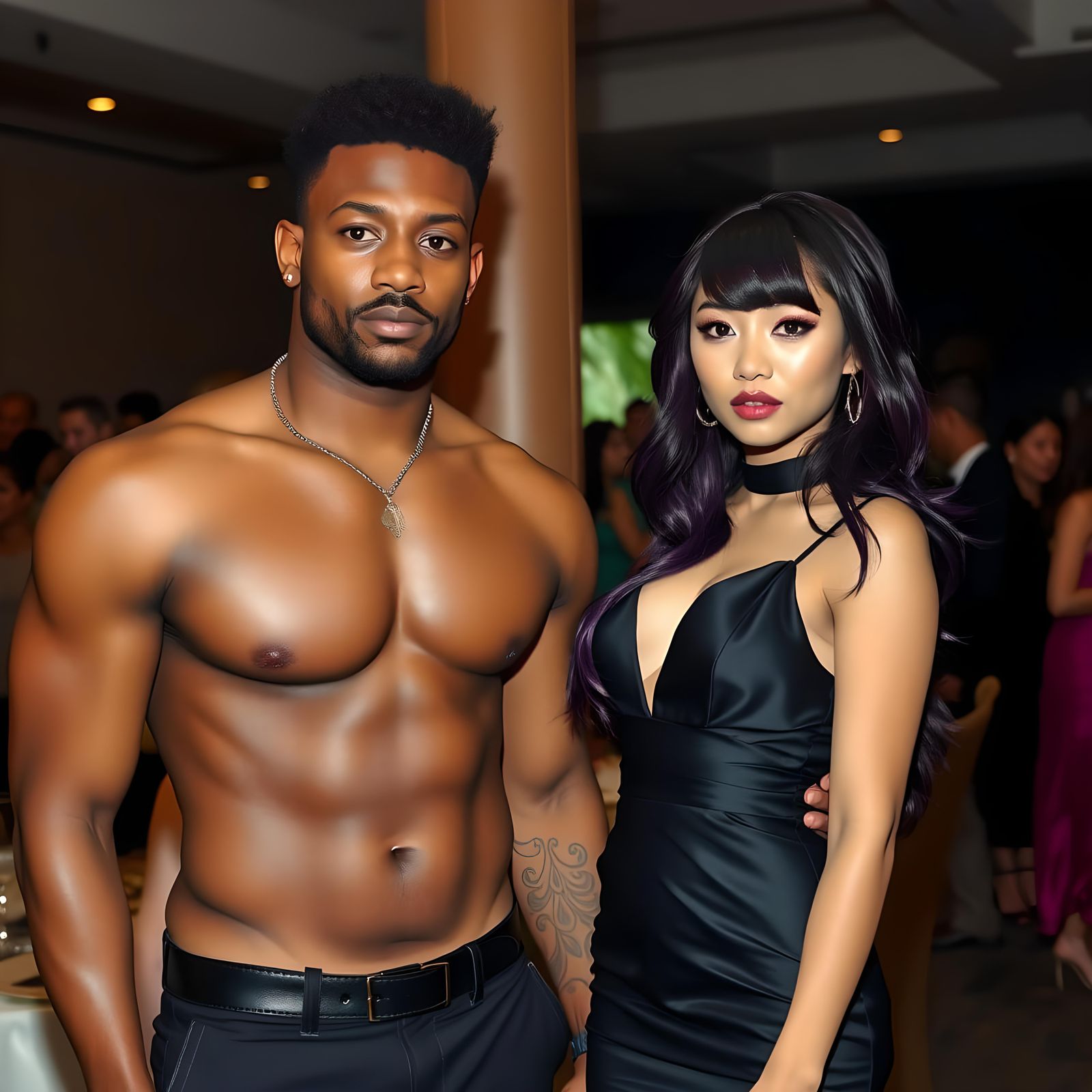 Muscular Man with Purple-Haired Wife at Fundraiser