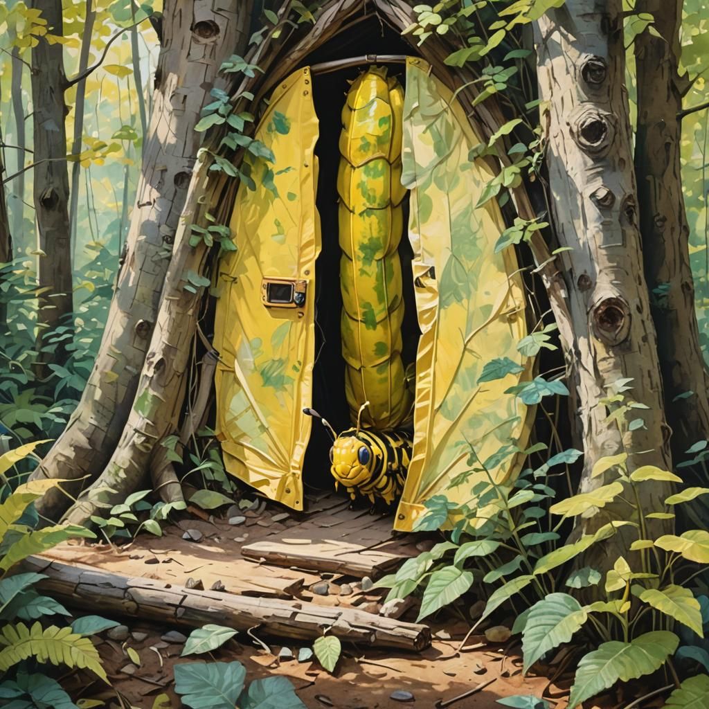 Giant Caterpillar in Tent: Gouache Watercolor Painting