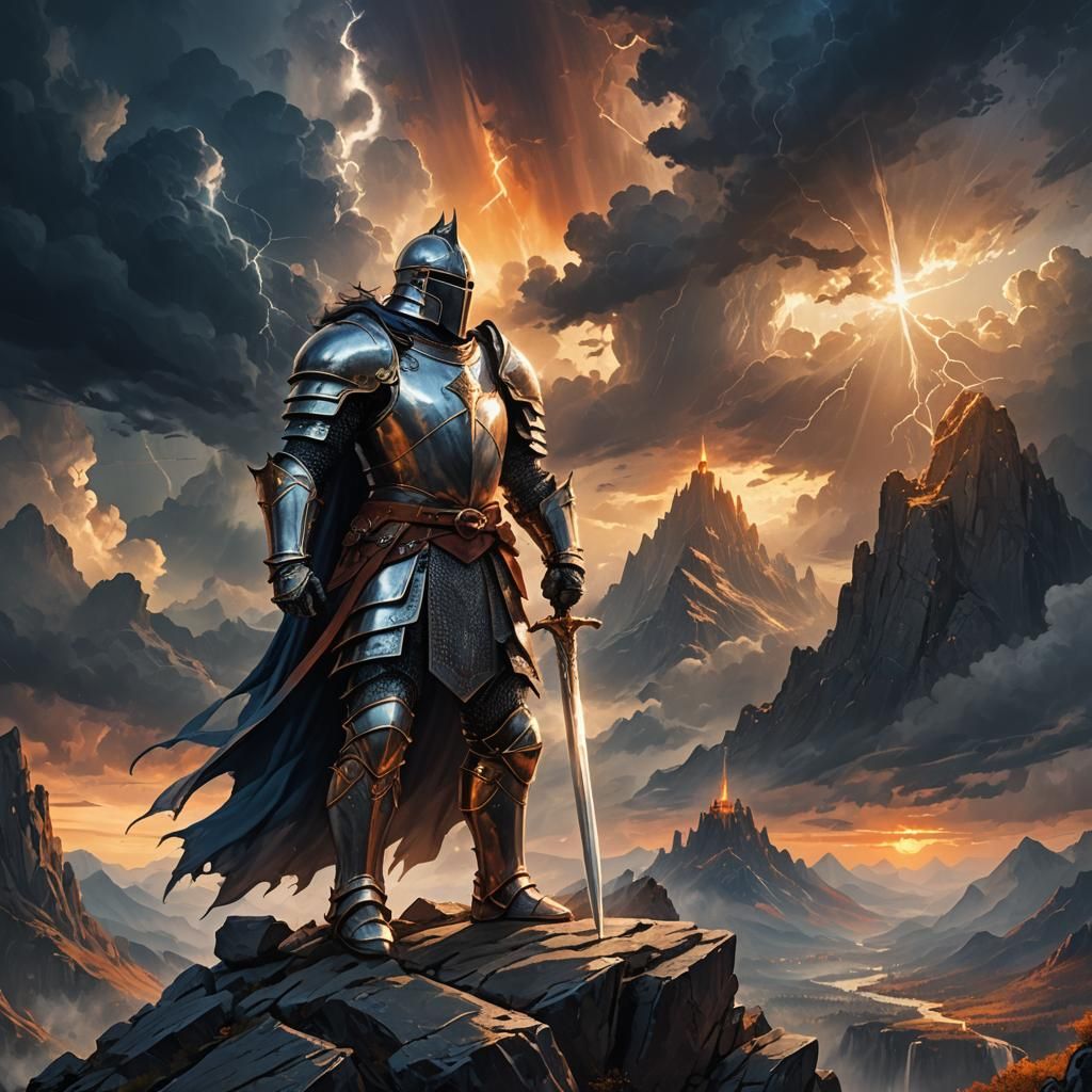 Knight on Mountain Peak in Fantasy Art Style
