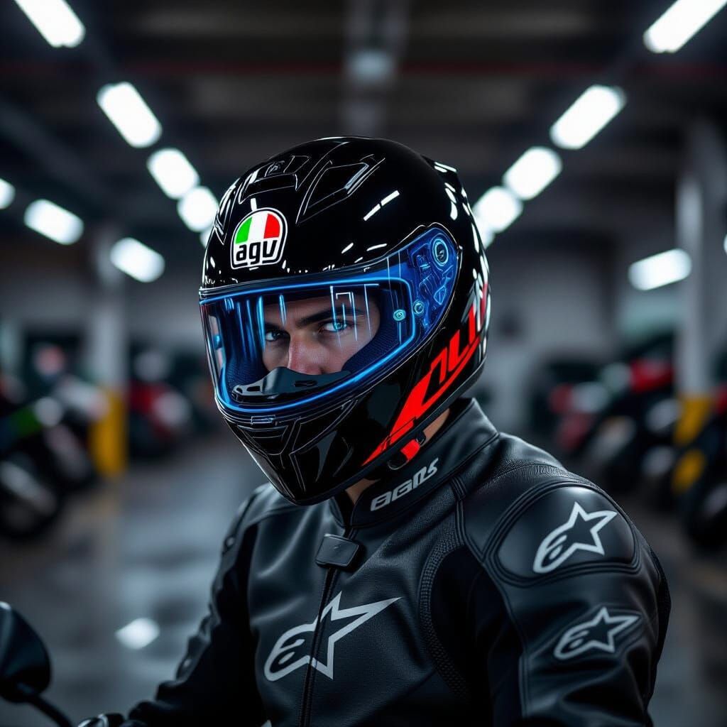 Biker in Glossy Helmet, Hyperrealistic Underground Garage