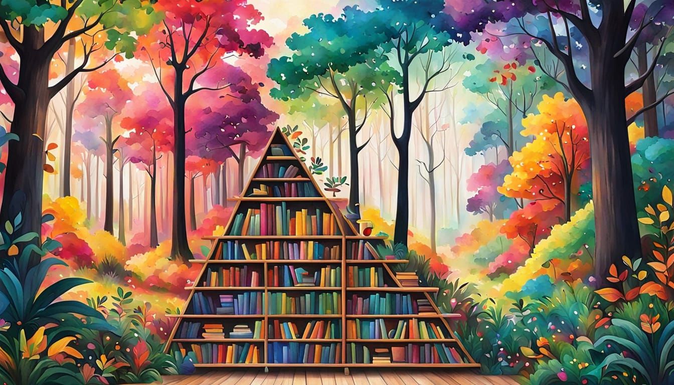 Colorful Bookshelves in Vivid Rousseau-Gauguin Style