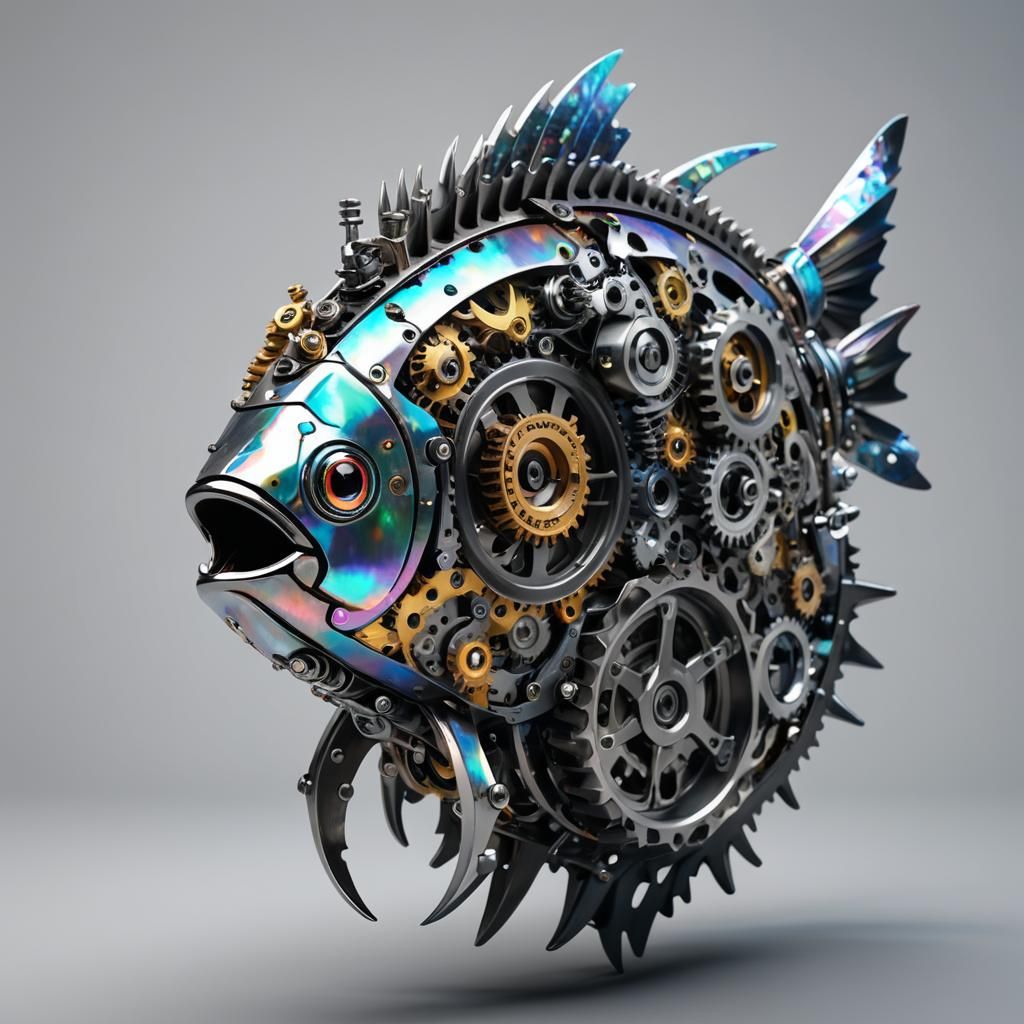 Mechanical Tunafish Sculpture in Iridescent Colors