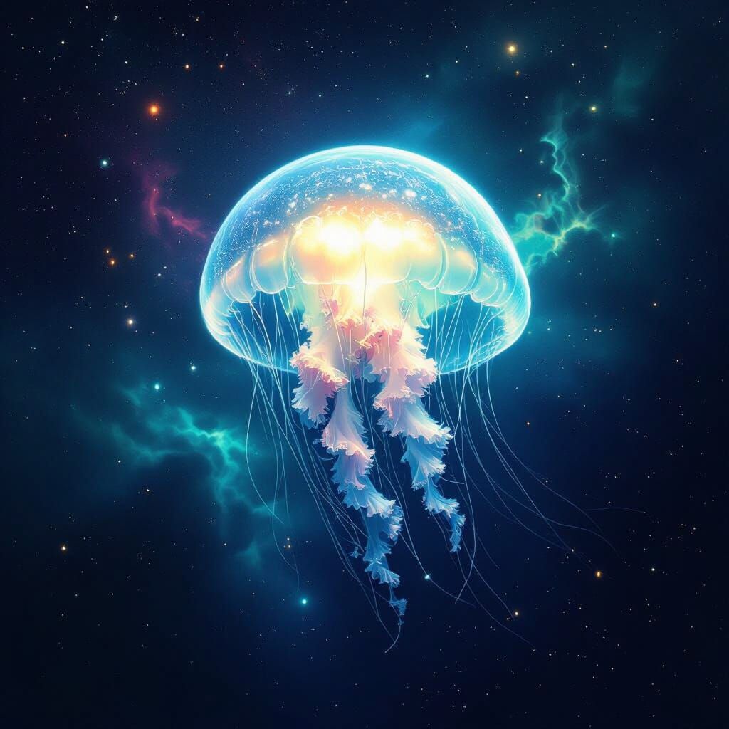 Bioluminescent Jellyfish Drifting Through a Nebula