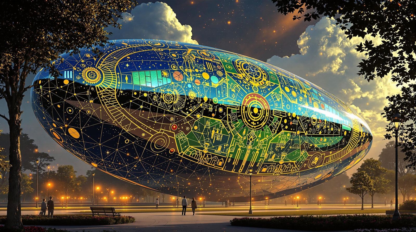 Gustav Klimt-Inspired Cosmic Vessel Amidst Parkly Splendor