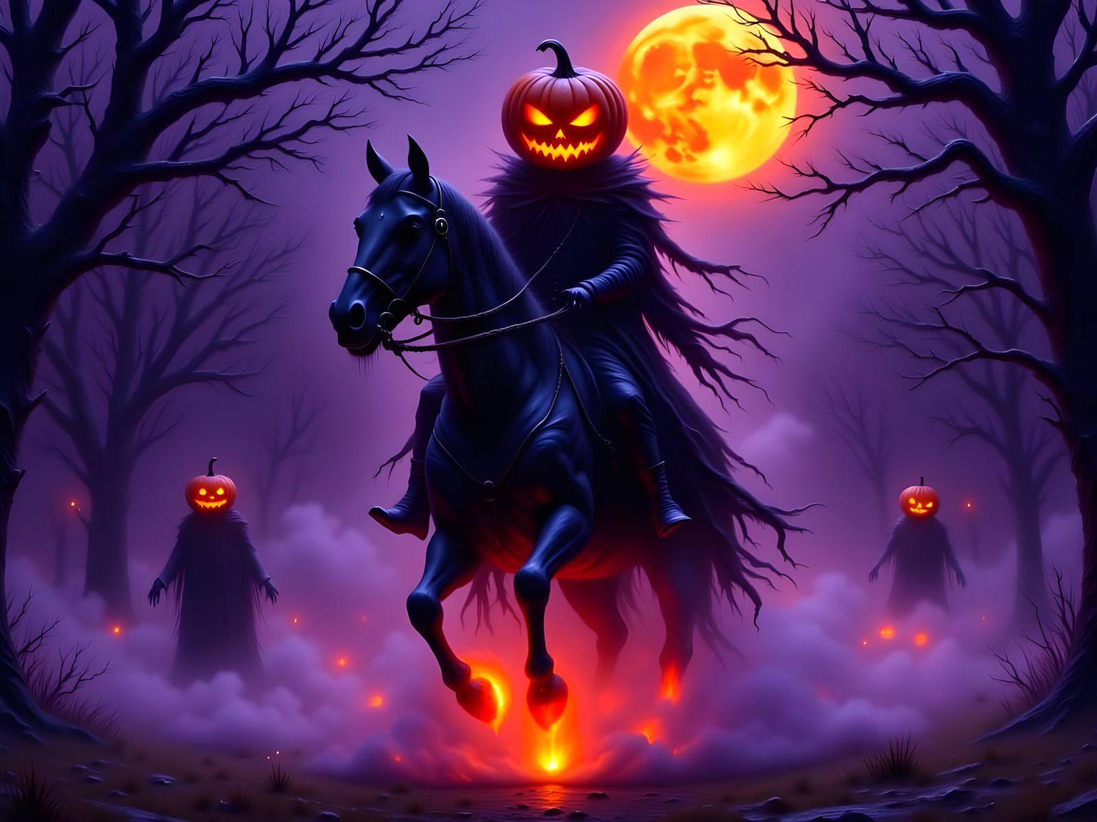 Creepy Horseman with Glowing Jack-o'-Lantern Head