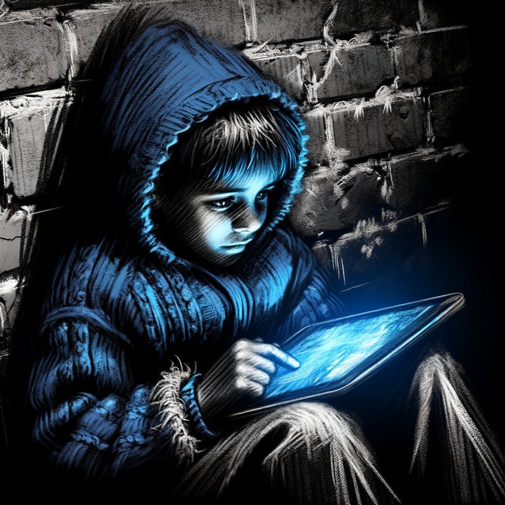 Homeless Boy and Tablet: Realist Charcoal Sketch