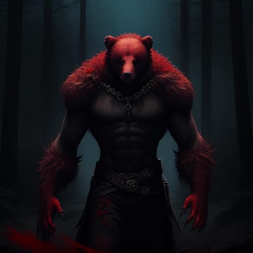 Anime-Inspired Blood Bear in Dark Forest