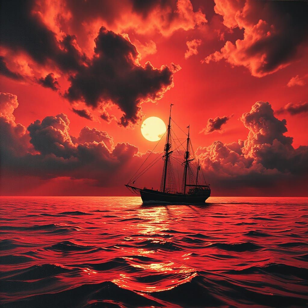Crimson Ship Sails Under Apocalyptic Sunset as Oil Painting