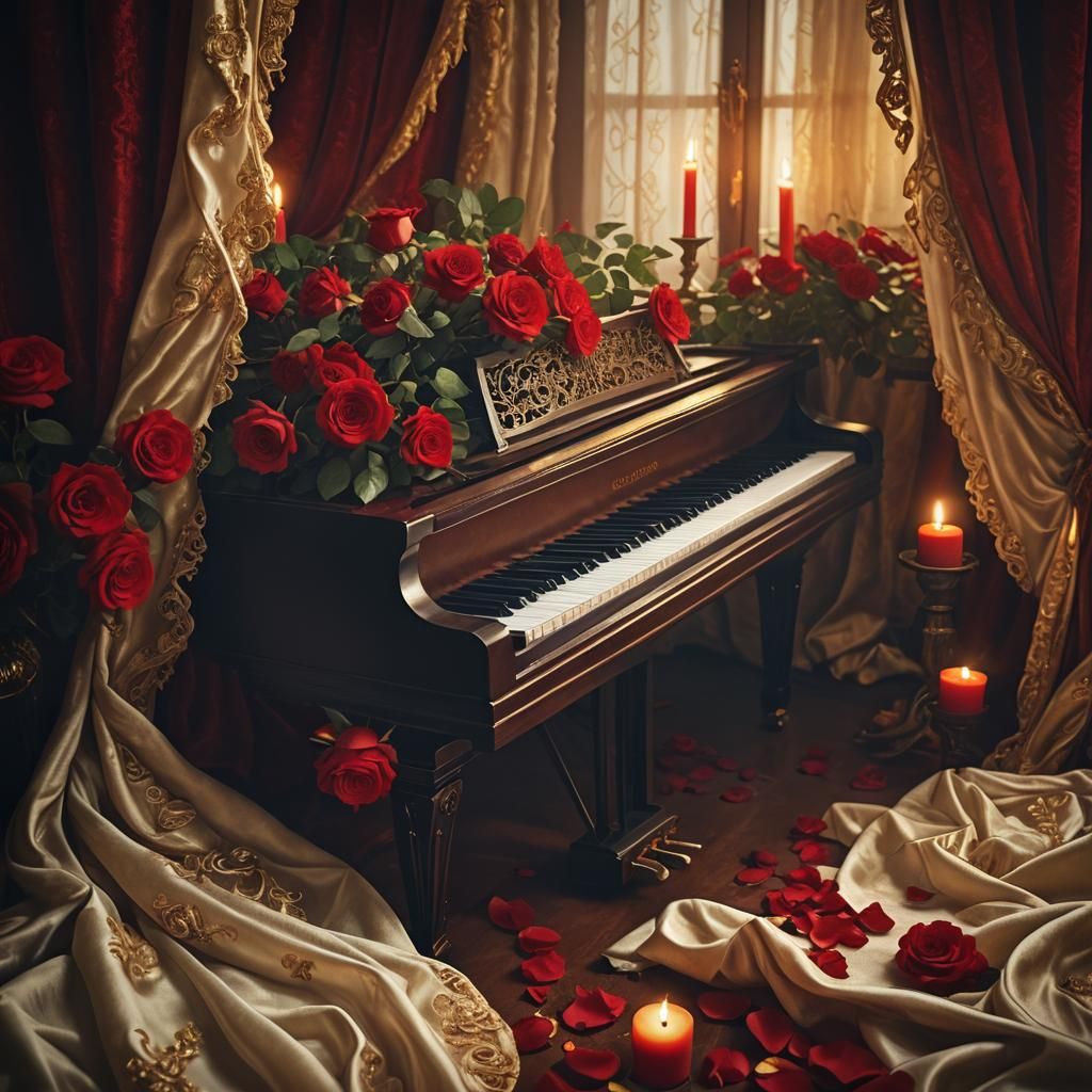 Romantic Roses on Piano with Candlelight: Matte Painting