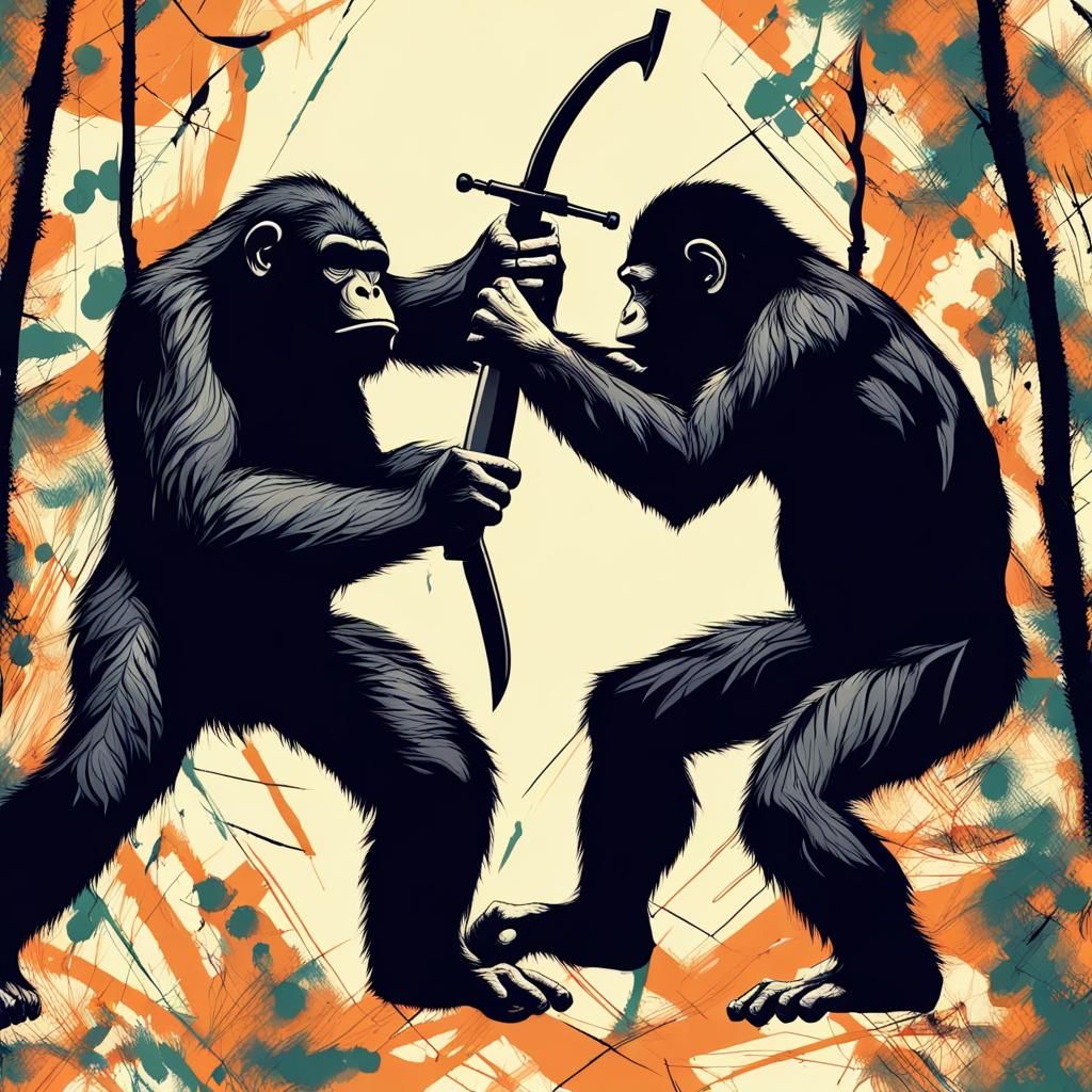 Apes Fighting with Weapons: Abstract Art