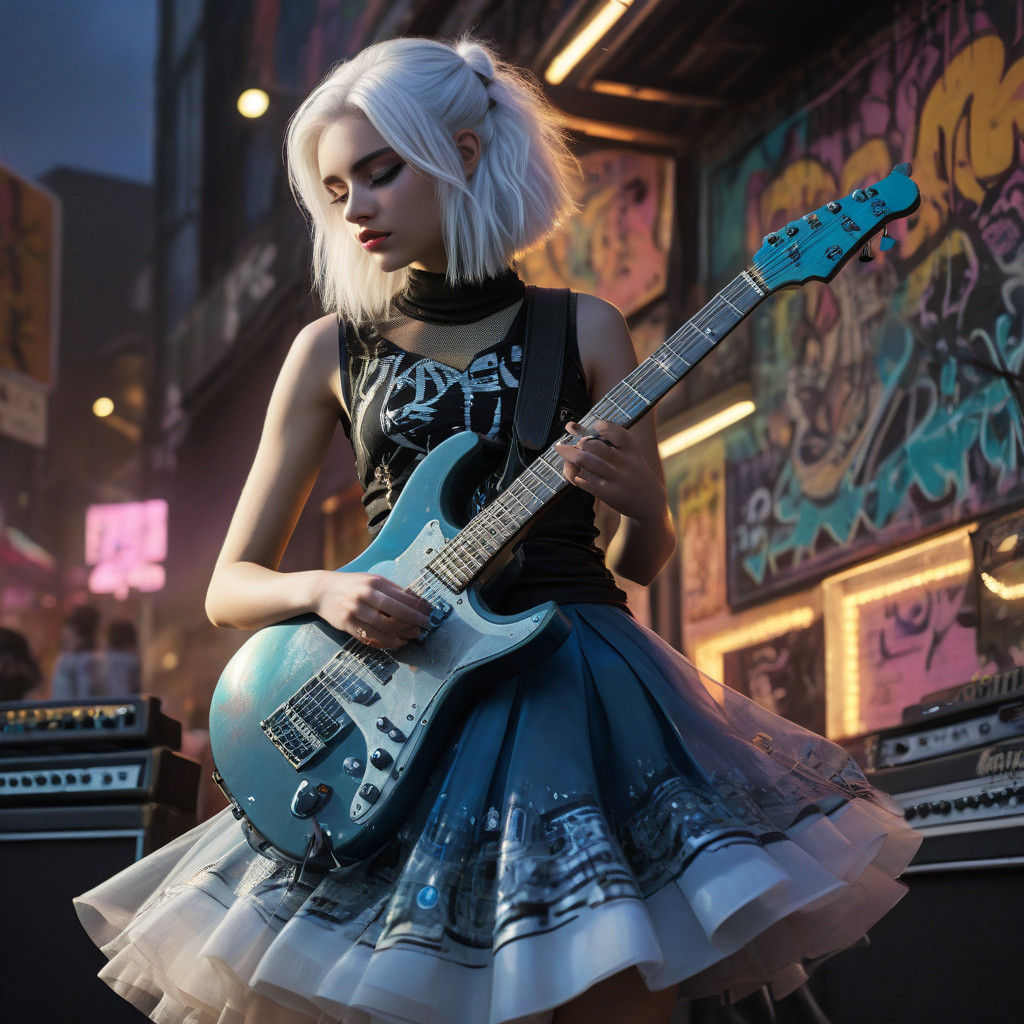 Fantasy Rockstar Girl in 90s-Inspired Outfit, Playing Guitar