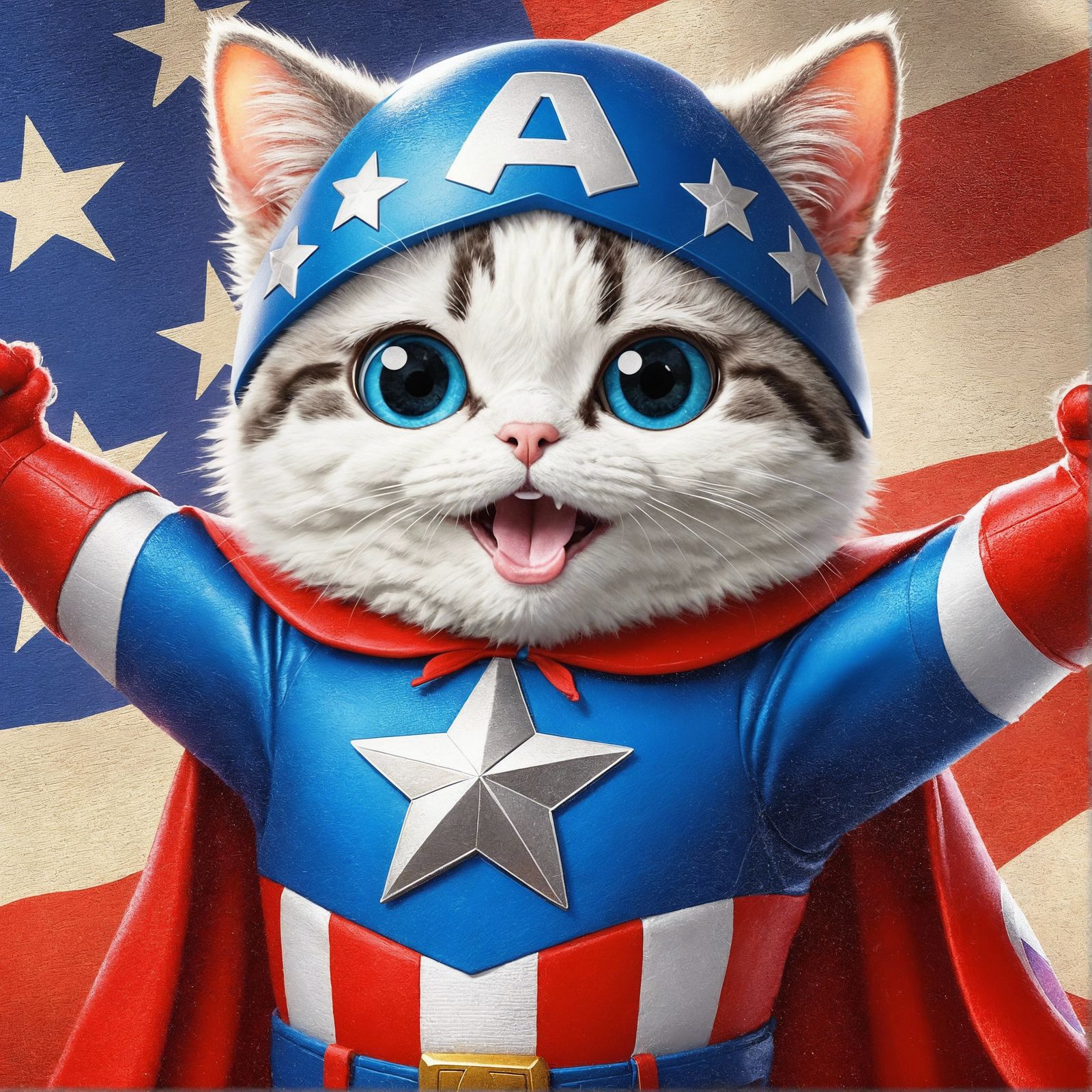 Patriotic Cartoon Cat Superhero Oil Painting