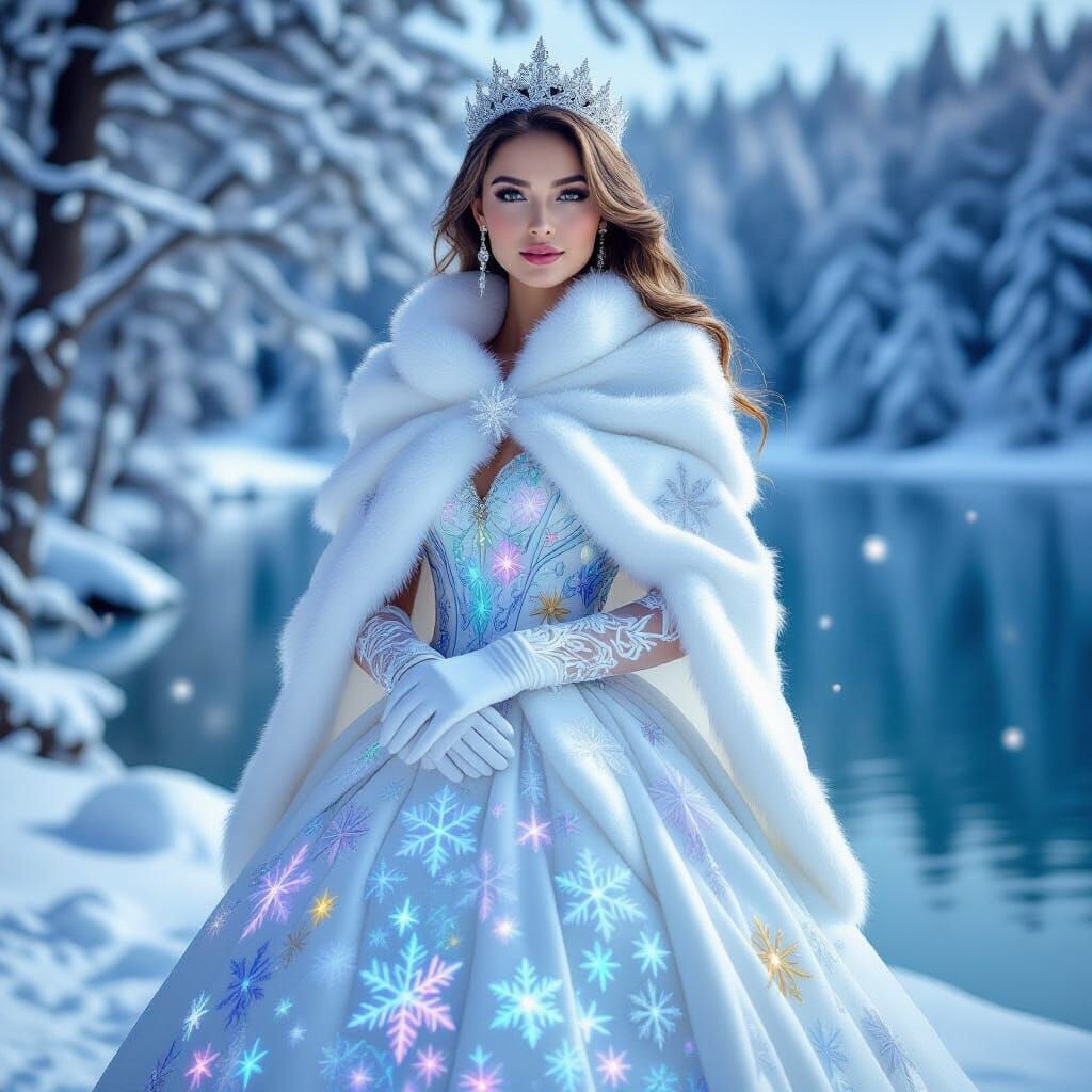 Princess in Winter Forest with Glowing Ice Dress
