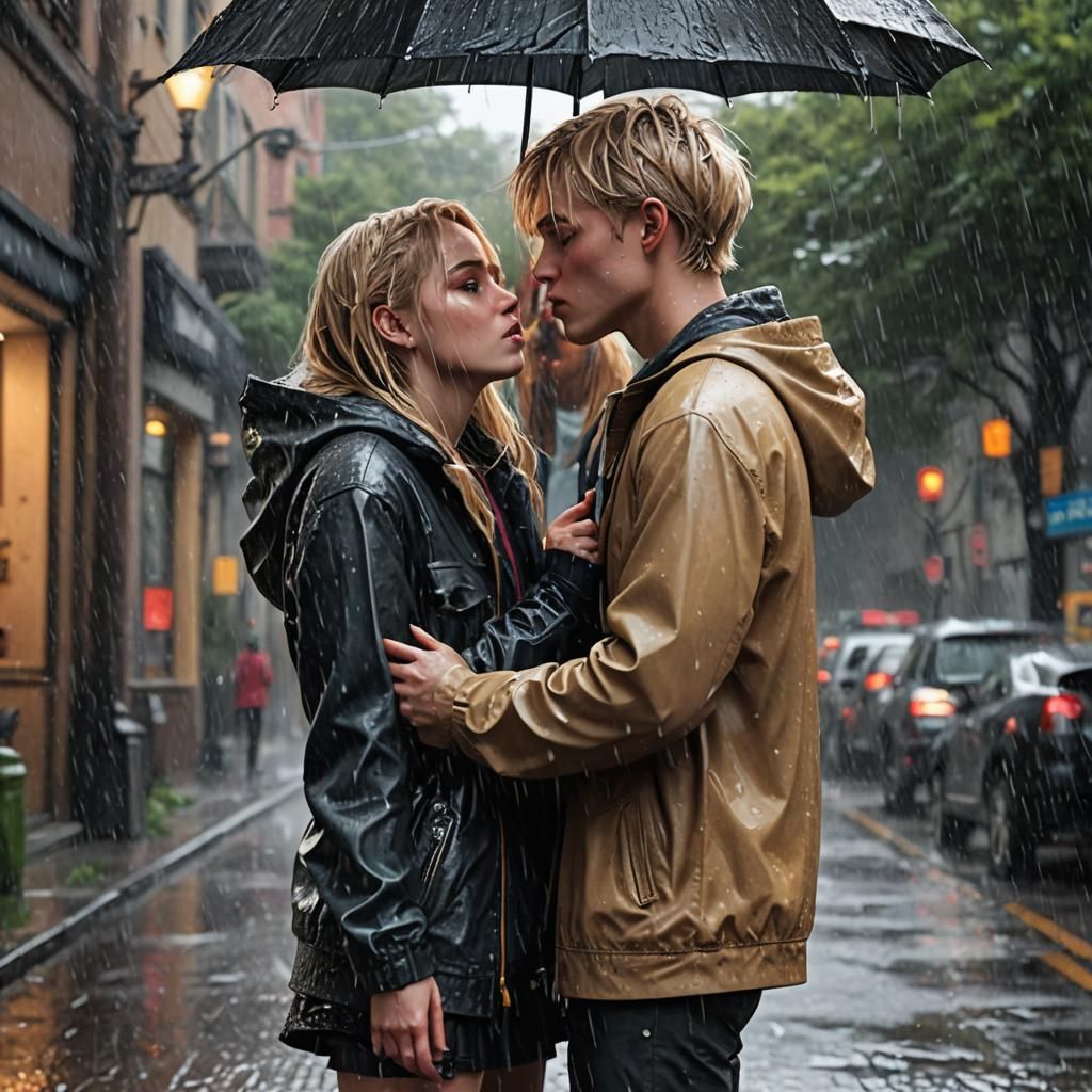 Teenagers Kissing in Rain: Detailed Digital Art