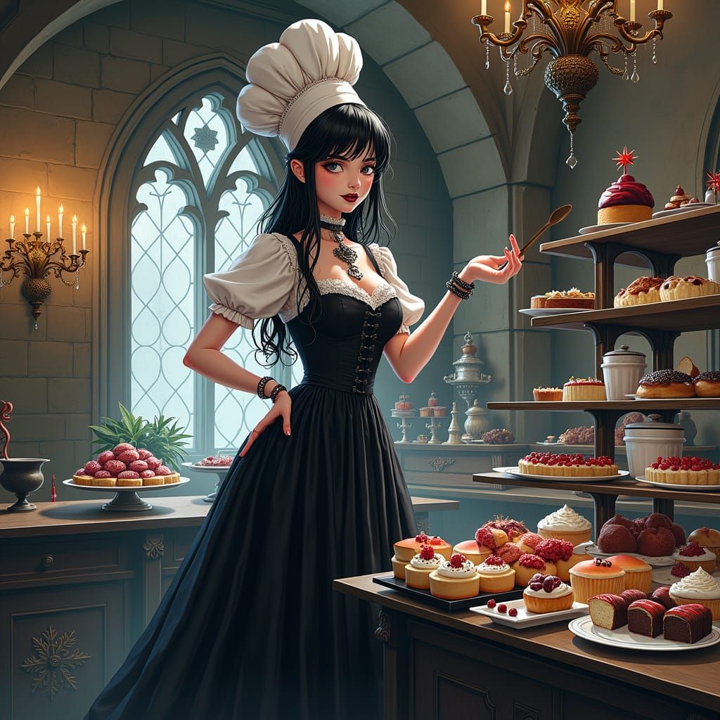 Gothic Bakery with Goth Chef in Anime Style