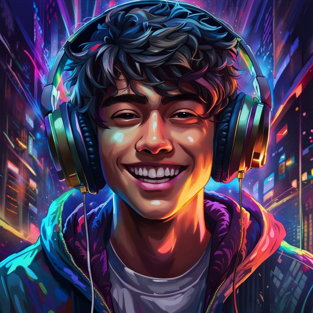 Anime Young Man Listens to Music: Hyperrealistic Portrait