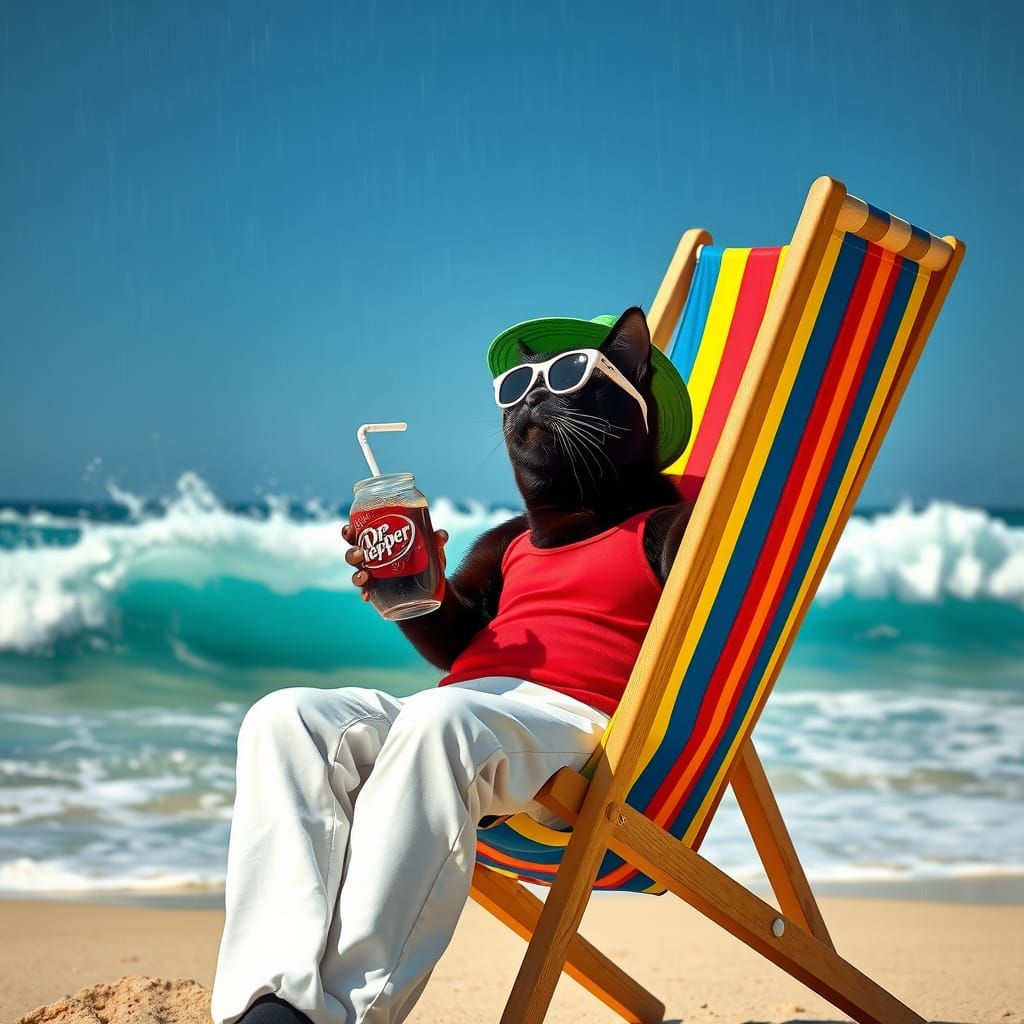 Black Cat Lounges on Beach in Hyperrealistic Style