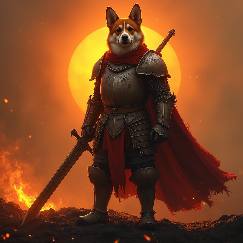 Epic Corgi Knight Silhouetted Against Fiery Sunset