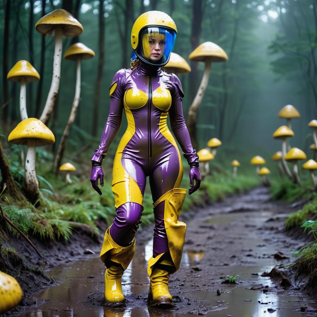 Hyperrealistic Woman in Latex Suit Among Giant Mushrooms
