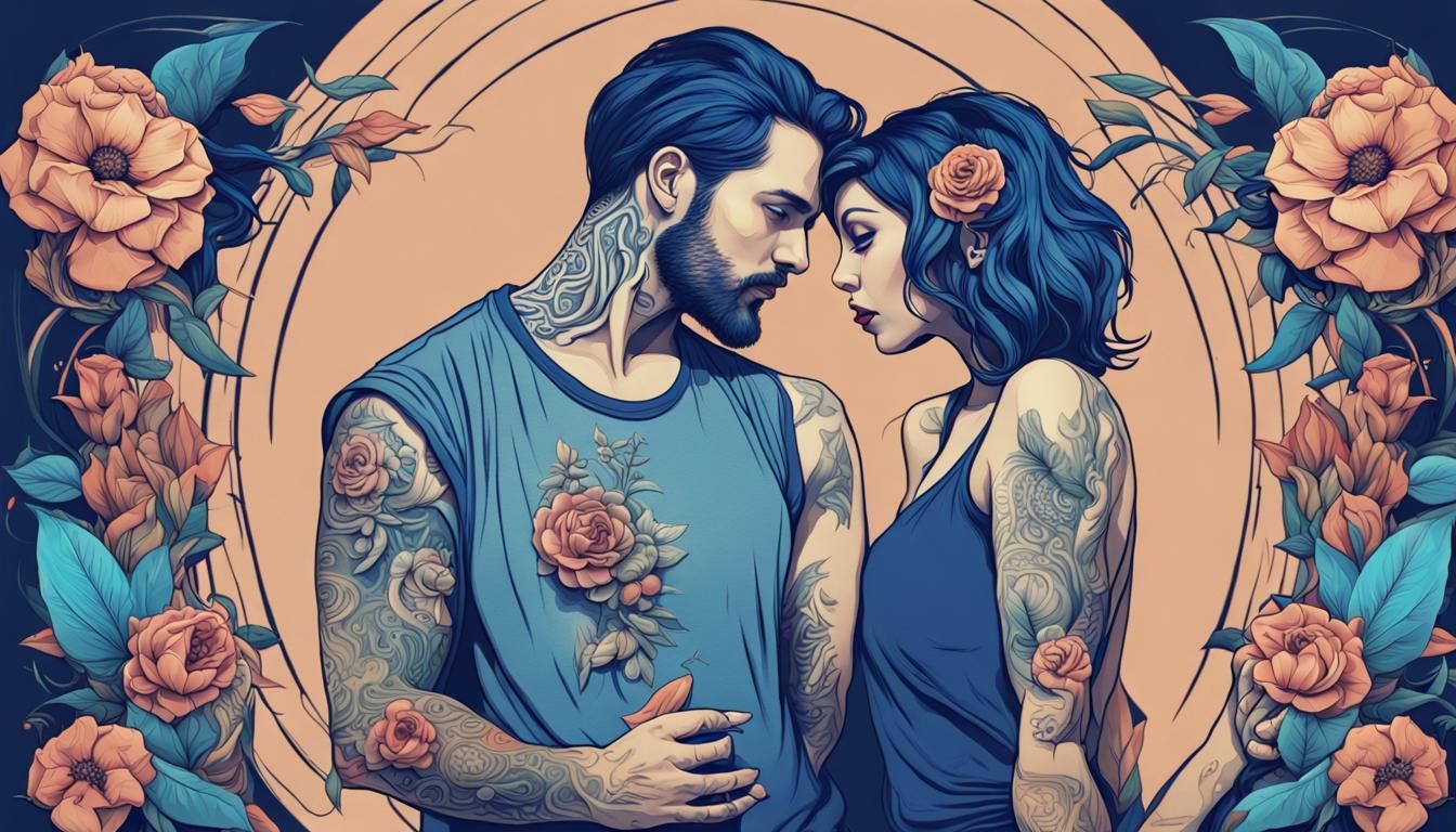 Art Nouveau Couple with Tattoos in Surreal Synthwave Style