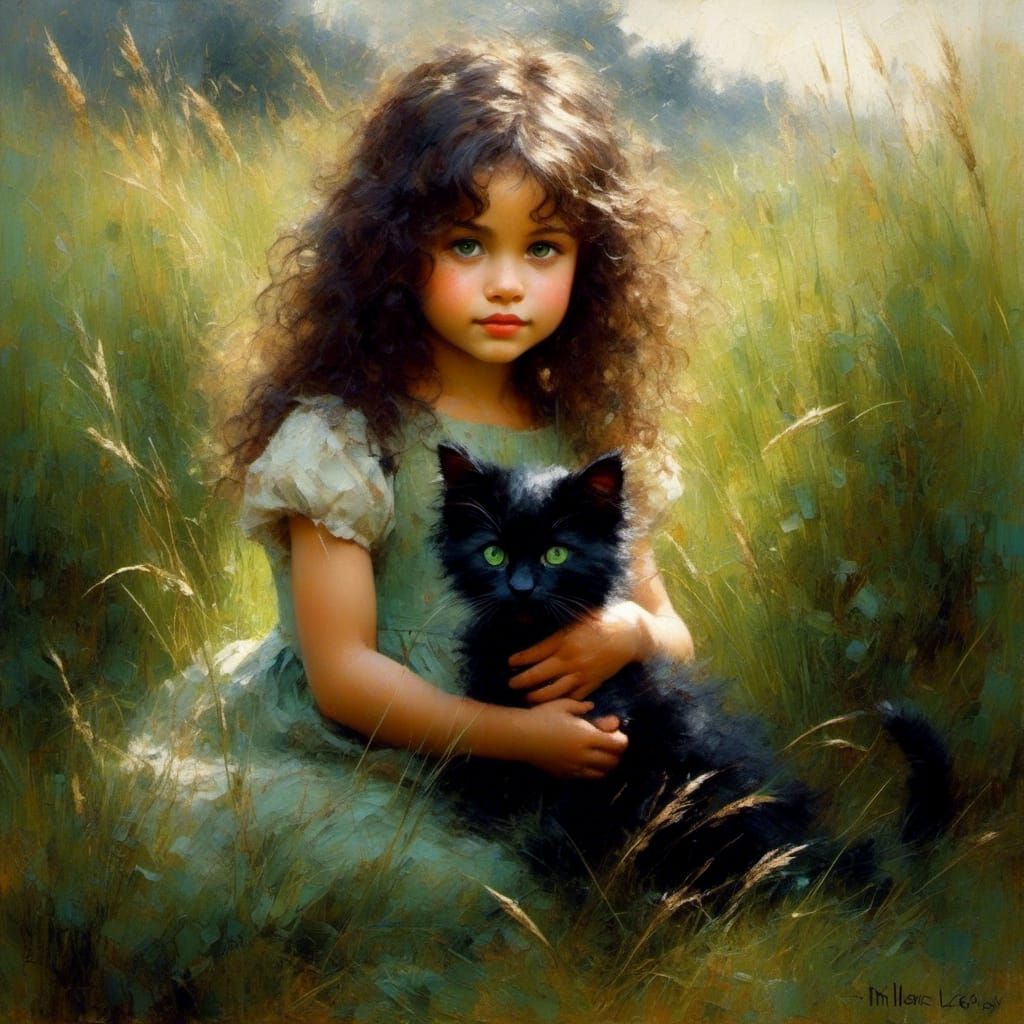 Little girl in summer, half crouched, long black curls, green eyes, long lashes with a kitten, oil paunting, in the the....