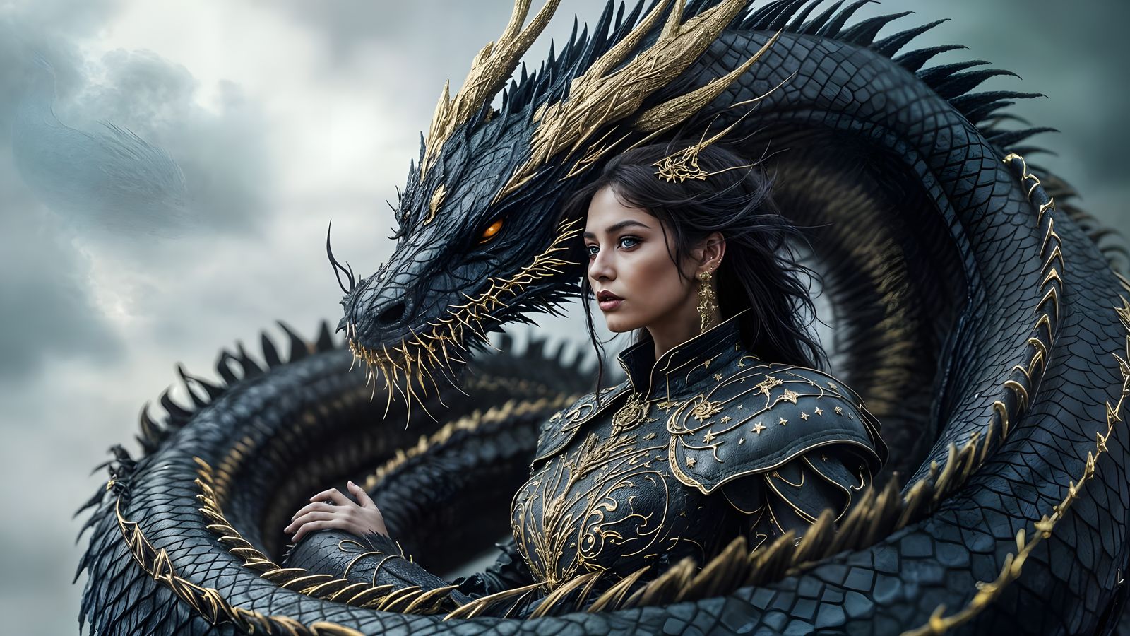 Dragon Coiling Around Armored Woman in Ethereal Sky