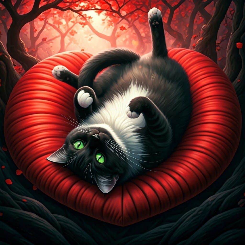 Adorable Black Cat with Heart Cushion, Fantasy Art
