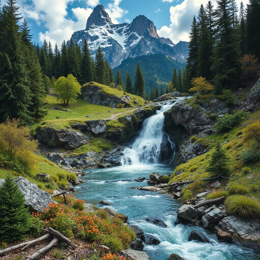 Majestic Mountain Waterfall in Romantic Landscape Style