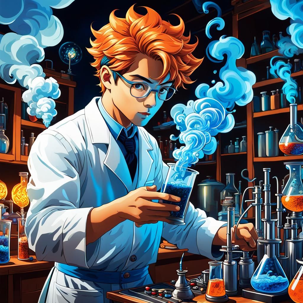 Mad Scientist in Manga Style with Bubbling Beakers