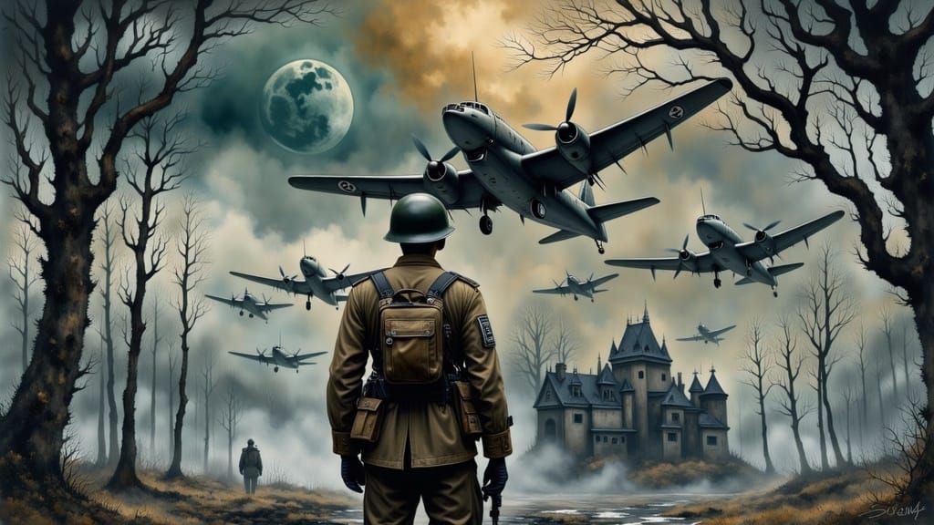 WWII Soldier in Fog, Arthur Rackham Illustration