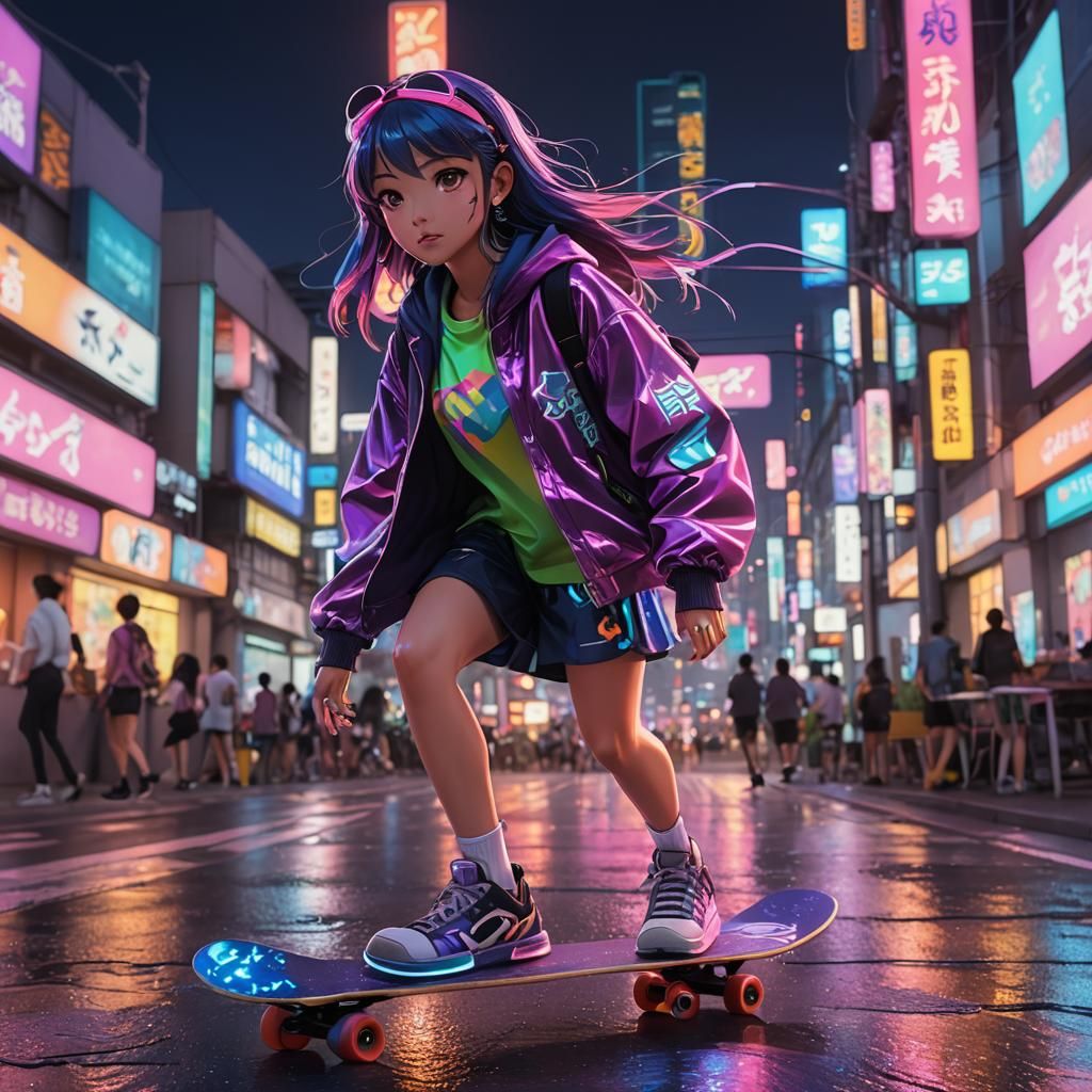 Anime Girl on Skateboard in Neon City at Dusk