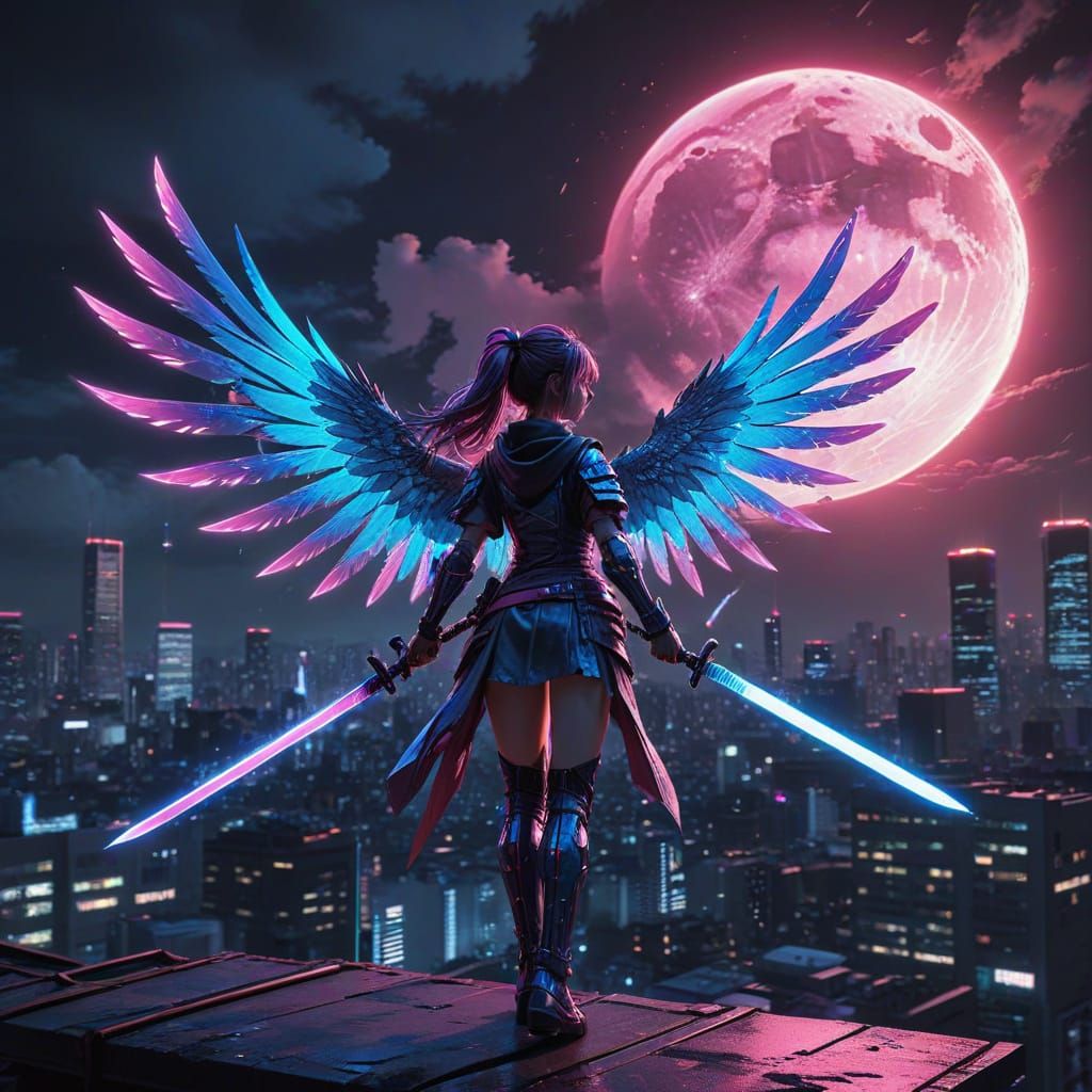 Anime Girl with Neon Wings on Tokyo Rooftop