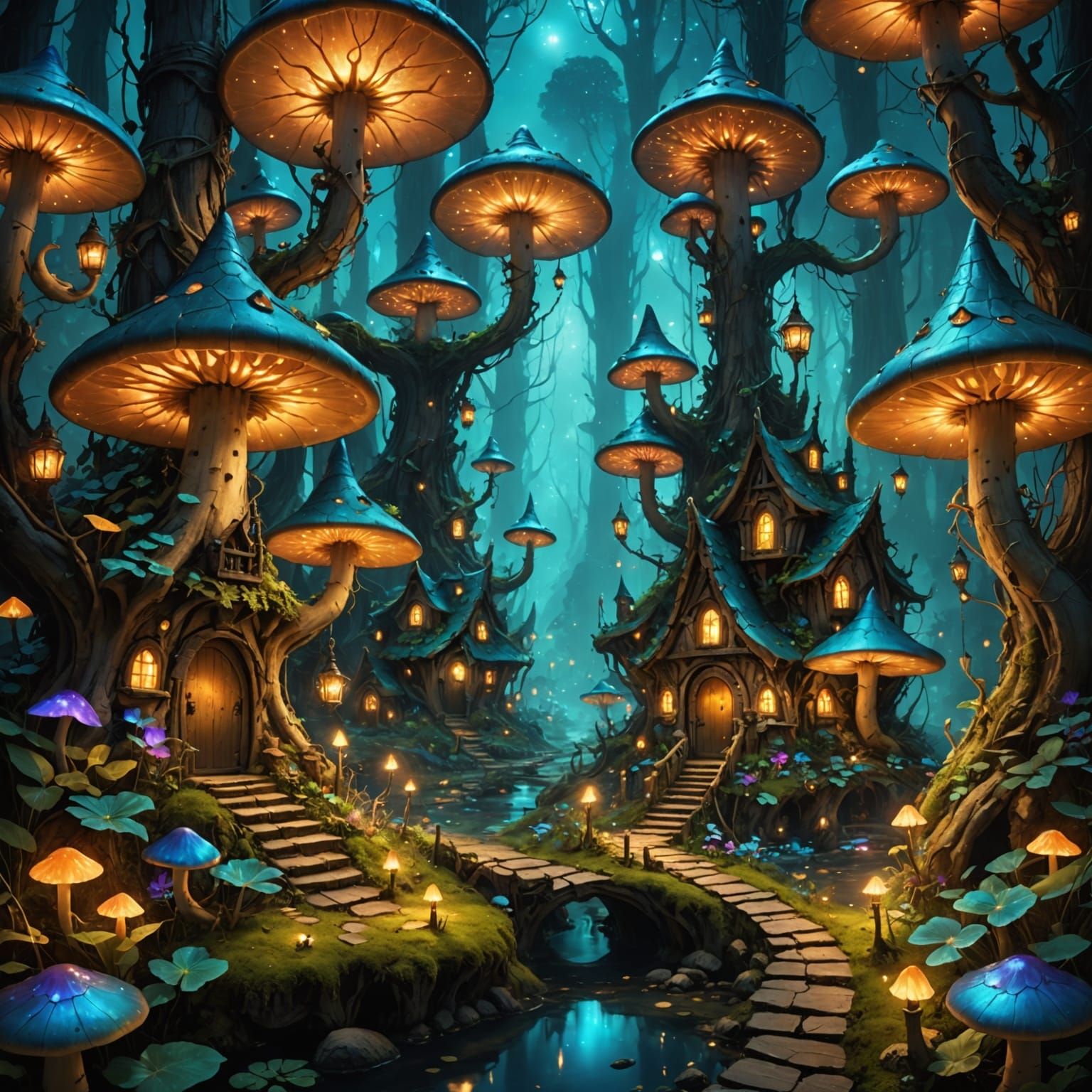 Elven Village Amidst Bioluminescent Mushrooms in Fantasy Art