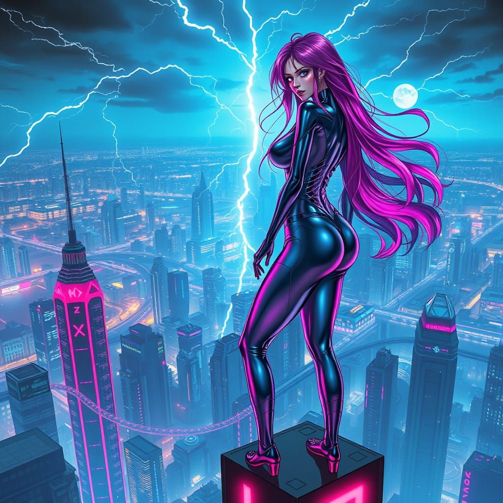 Cyberpunk Goddess Reigns Over Futuristic Metropolis