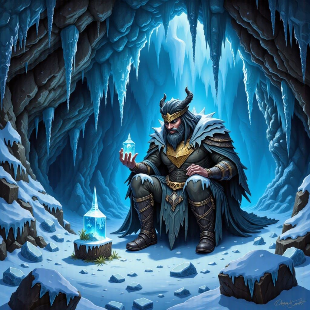 Shaman creating a potion inside an ice-cavern