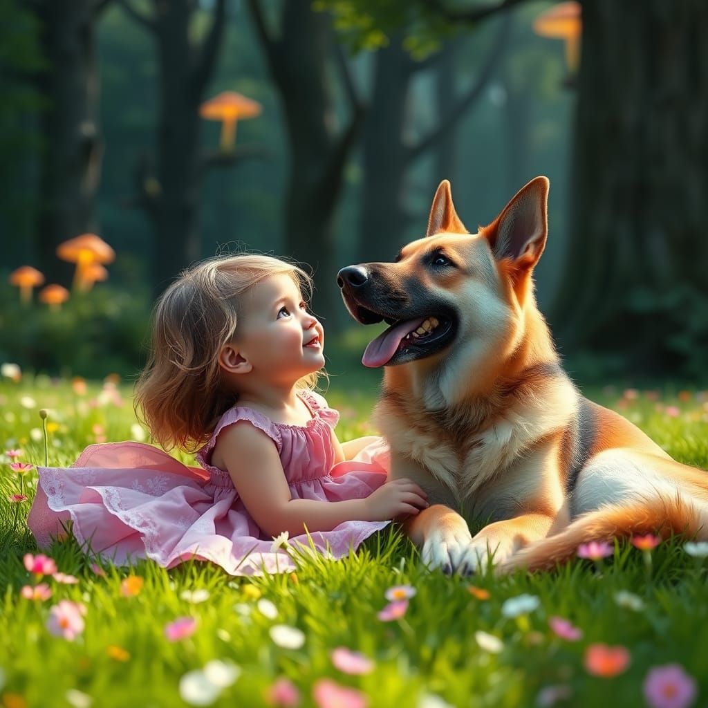 Girl and Dog in Dreamlike Forest, Fantasy Art