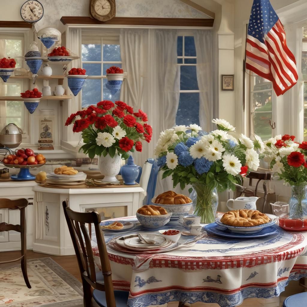 American Birthday Table with Pie in Luminism Style
