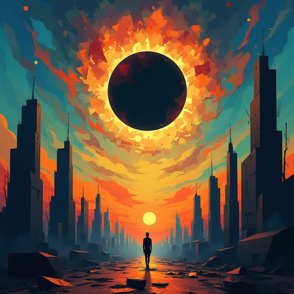 Cubist Eclipse in a Desolate Dreamscape