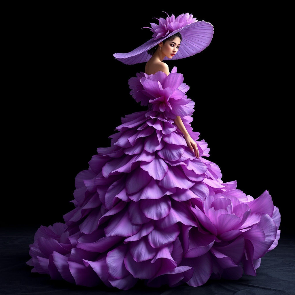 Woman in Purple Peony Petal Dress, Fantasy Art