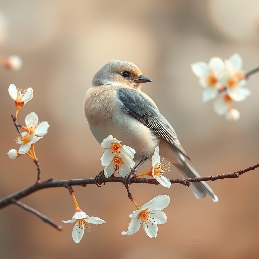 Graceful Bird on Cherry Blossom Branch, Painterly Realism