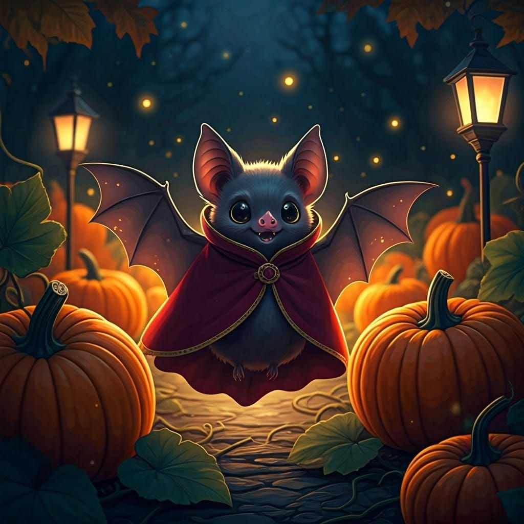 Bat in Pumpkin Patch, Ghibli-Inspired Autumn Scene