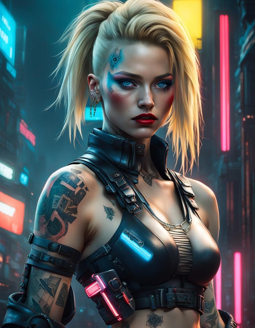 Hyperrealistic Tattooed Girl in Cyberpunk Style
