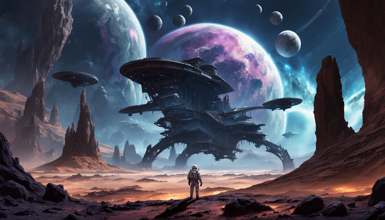 Astronaut on Alien Planet Gazing at Nebulae Sky